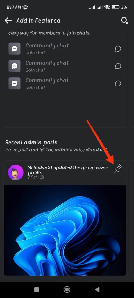 Anclar una publicación de administrador en el grupo de FB