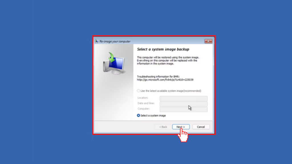 seleccione la copia de seguridad de la imagen del sistema y continúe con la operación siguiendo las instrucciones en pantalla.