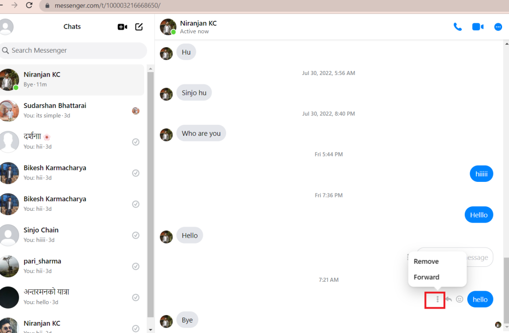 Seleccionar una conversación para eliminar mensajes en Messenger