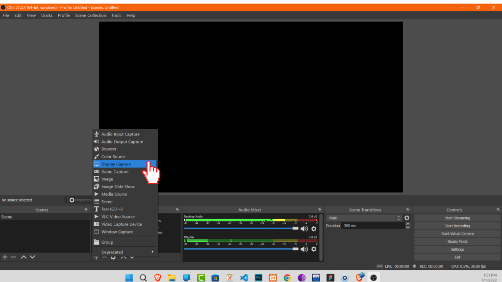 Para grabar la pantalla en Windows 11 usando OBS Studio, seleccione "Espectáculo de captura" de las diversas opciones.
