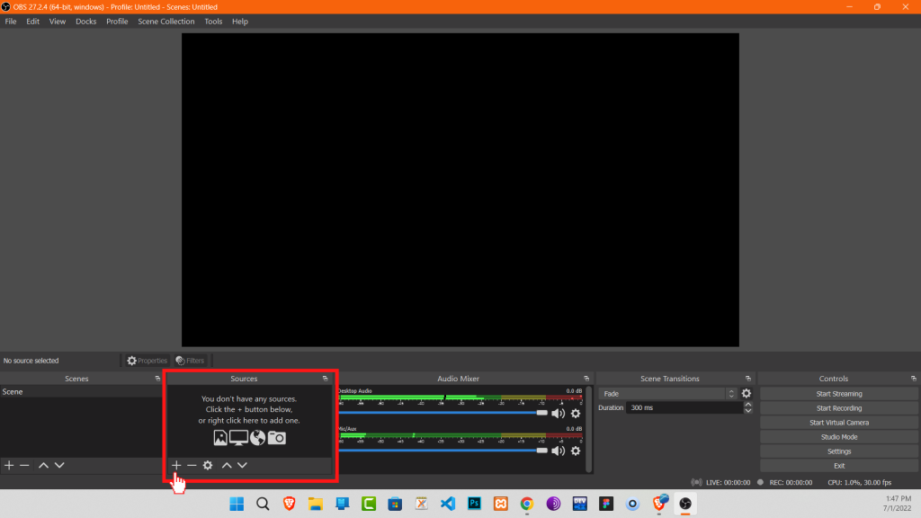 Para grabar la pantalla en Windows 11 usando OBS Studio, seleccione "+" icono para agregar la pantalla. 
