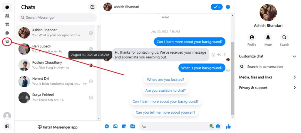 Conversaciones archivadas en Messenger