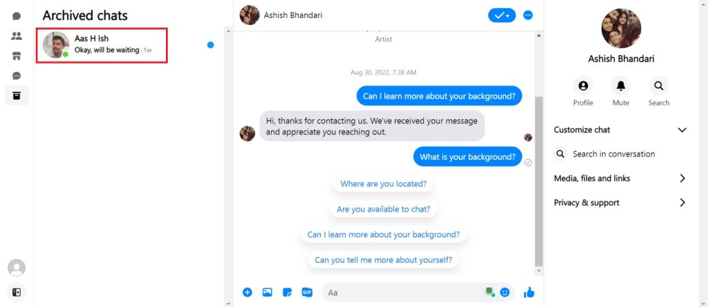 Archivar en el sitio web de Messenger