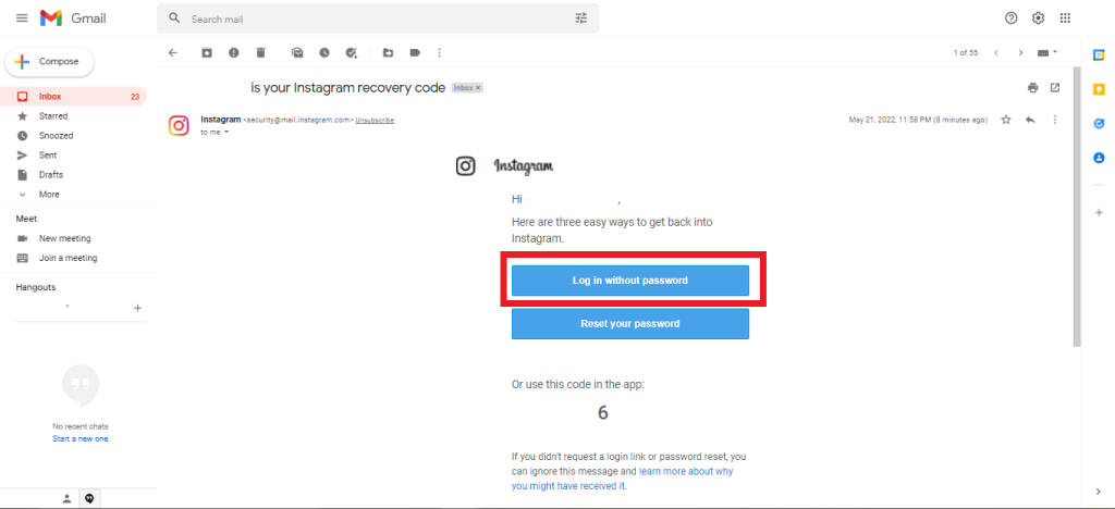 enlace de correo electrónico para cambiar la contraseña de Instagram