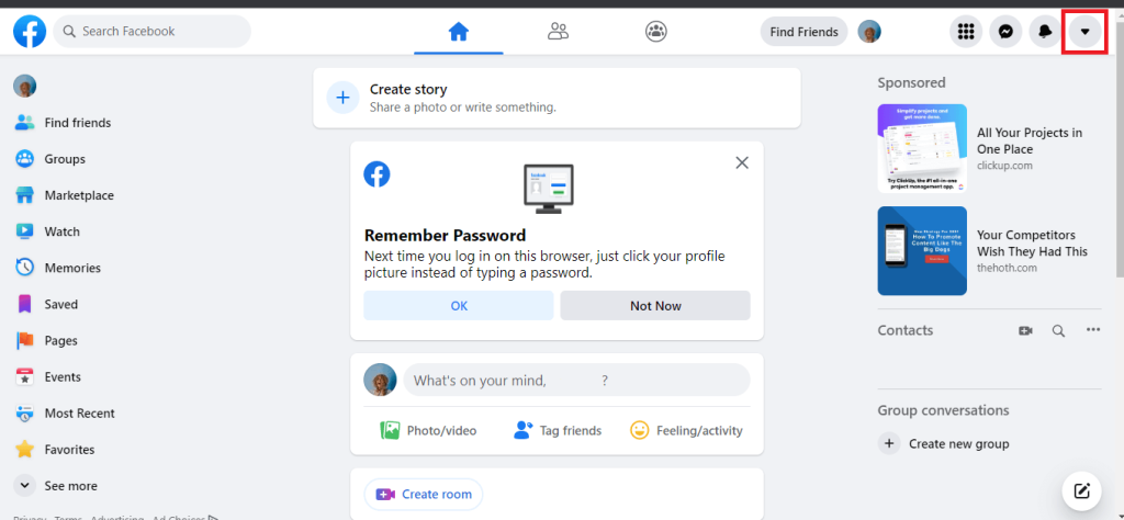 Menú desplegable de Facebook