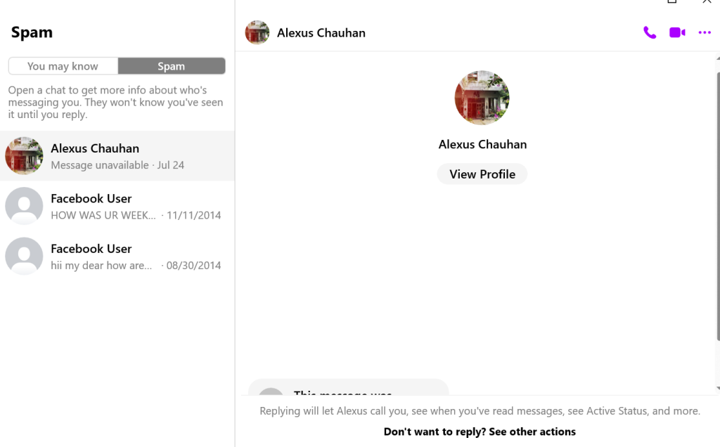 Para ver un mensaje de spam en Facebook Messenger, seleccione la pestaña Spam.
