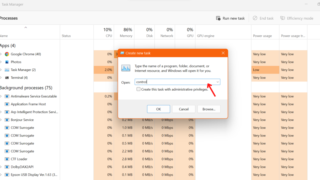 Esta imagen te ayuda a encontrar el panel de control en windows 11 desde el administrador de tareas