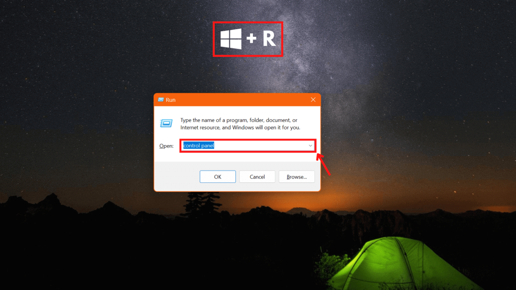 Esta imagen muestra el método para encontrar el panel de control en Windows 11 usando la función Ejecutar