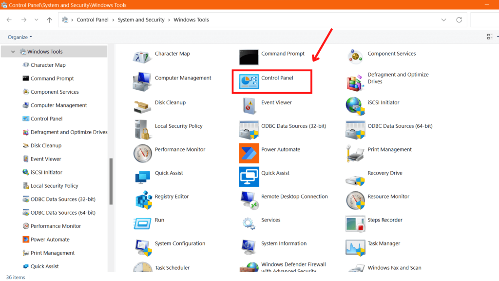 Esta imagen muestra la ubicación del panel de control en Herramientas de Windows.