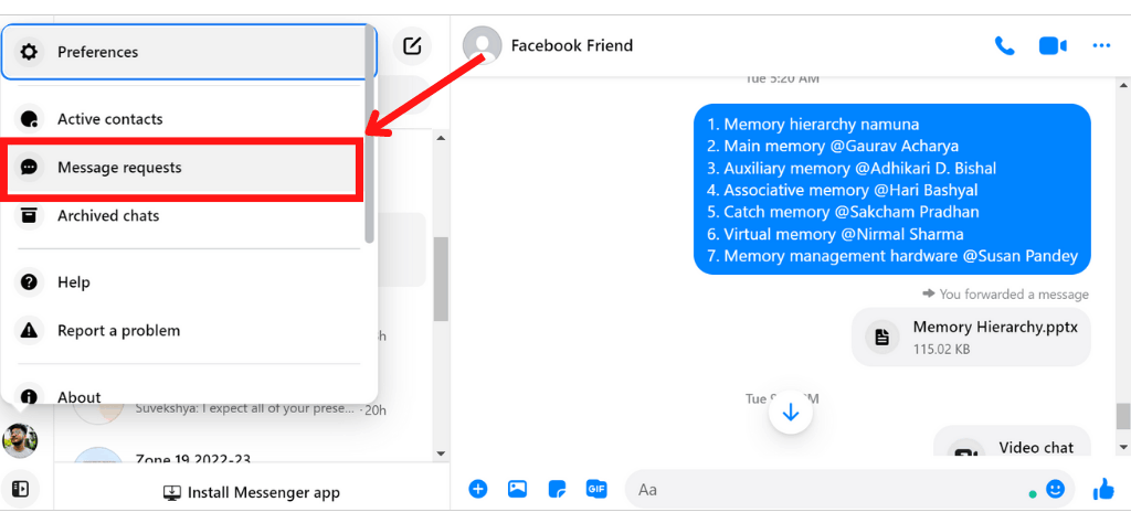 Para ver un mensaje de spam en Facebook Messenger, seleccione la opción Consulta de mensajes.