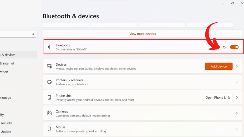 Para activar Bluetooth en una PC con Windows 11, vaya a "bluetooth y dispositivos" y haga clic en él.