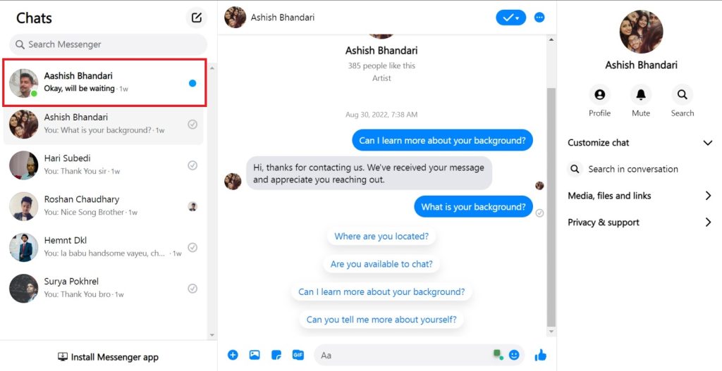 Mensajes no leídos en el sitio web de Messenger