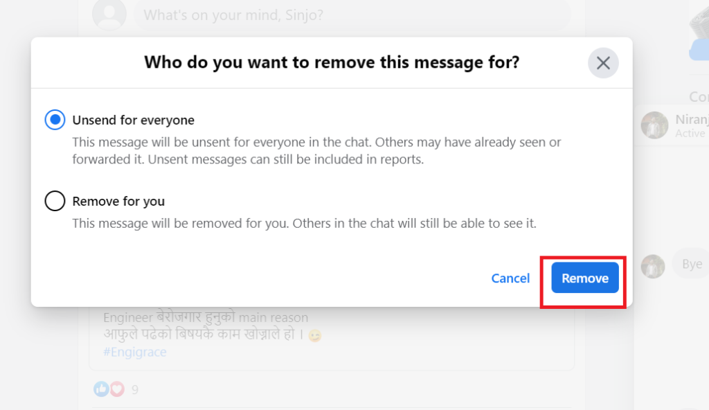 Eliminar mensajes en Messenger