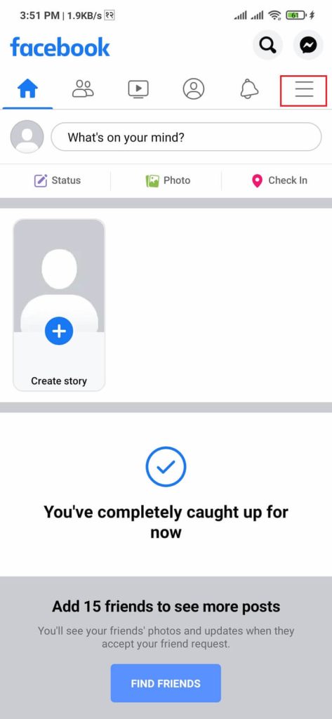 Página de inicio de la aplicación de Facebook