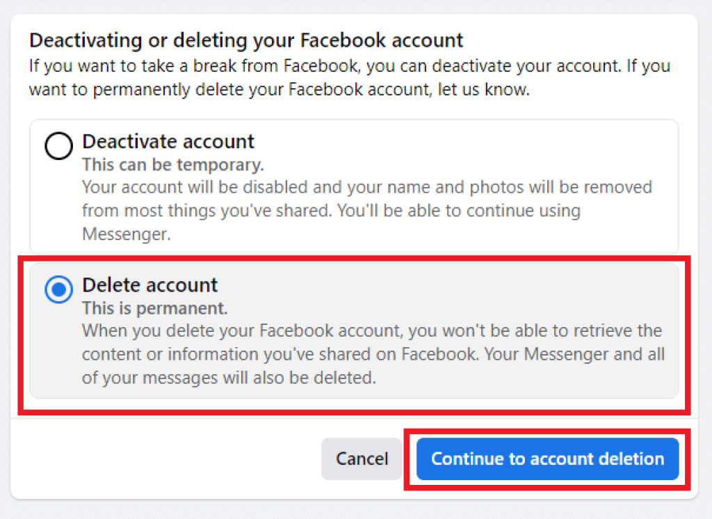 Sitio web de Facebook para eliminar cuentas