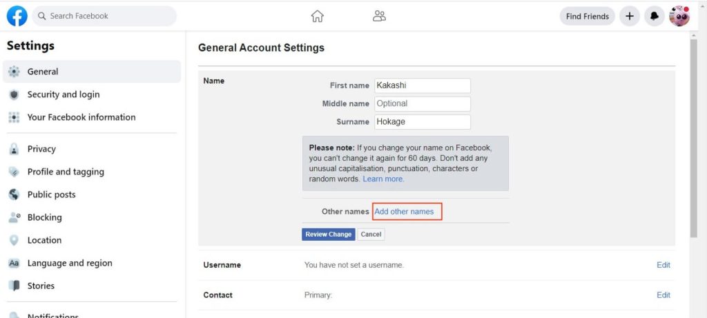agregar otros nombres de FB