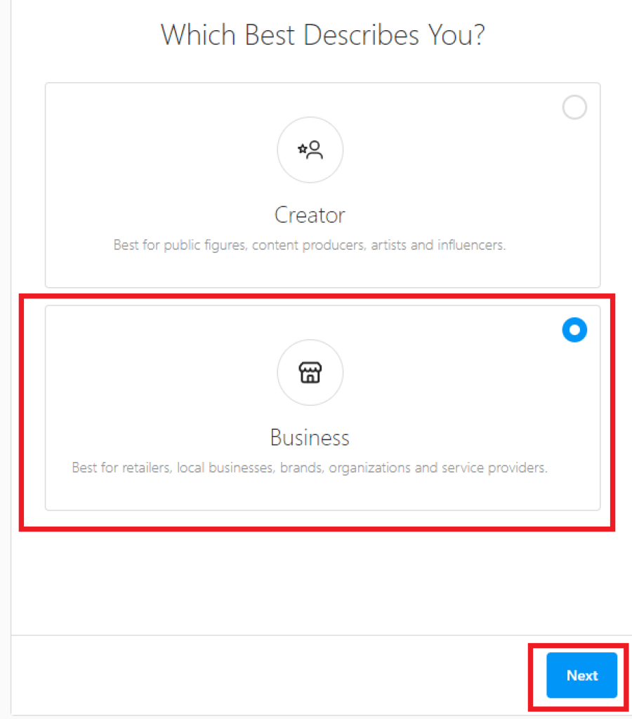Tipo de página de negocios para crear una página de Instagram