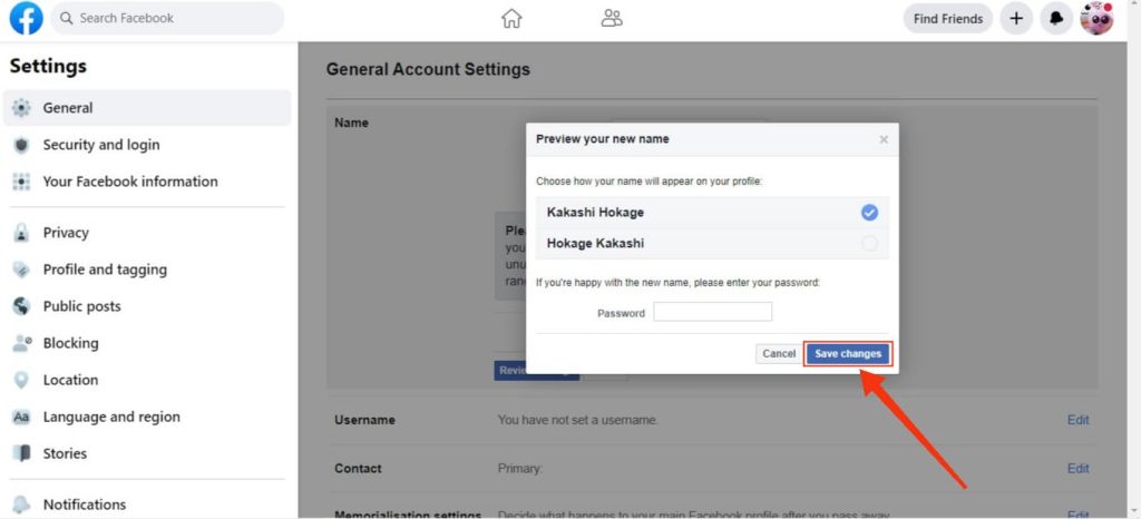 cambiar nombre en facebook