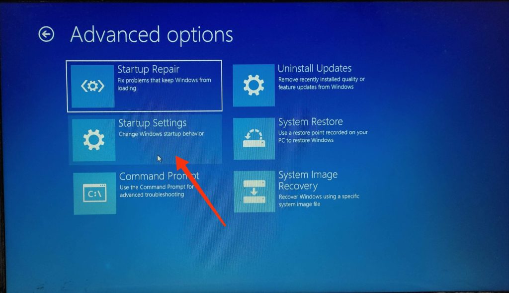 seleccione la configuración de inicio