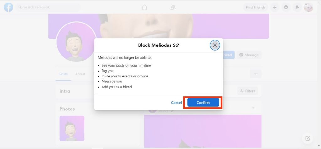Confirme el estado bloqueado en FB