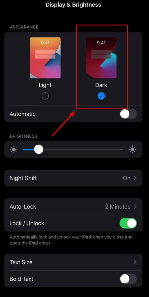 Tema oscuro en la configuración del dispositivo iOS
