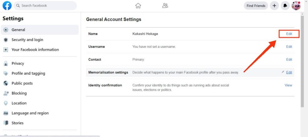 editar el nombre en Facebook