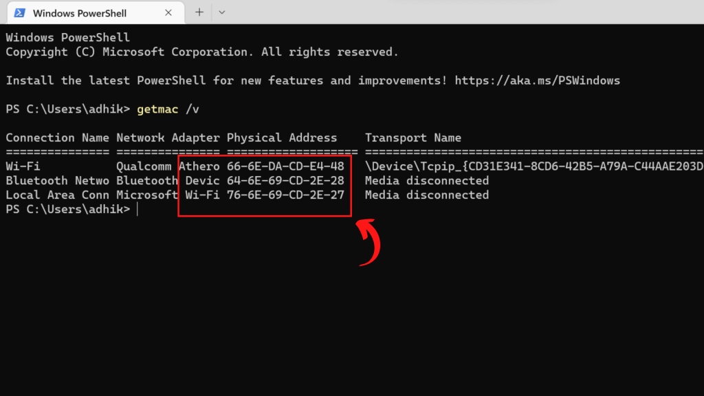 ingrese el siguiente código en Windows PowerShell