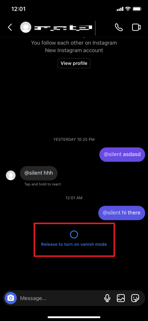 entrar en modo de desaparición para enviar mensajes silenciosos en Instagram