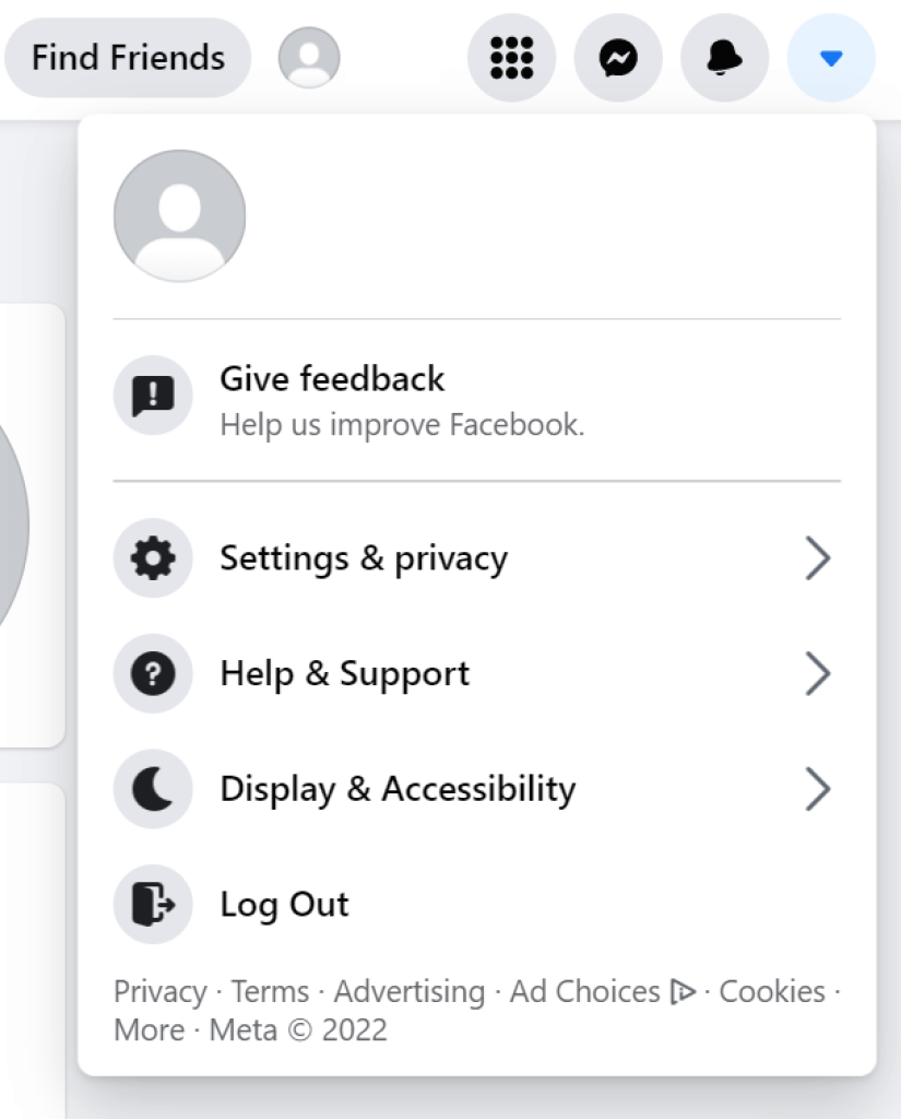 Menú de hamburguesas de Facebook para una sola cuenta registrada