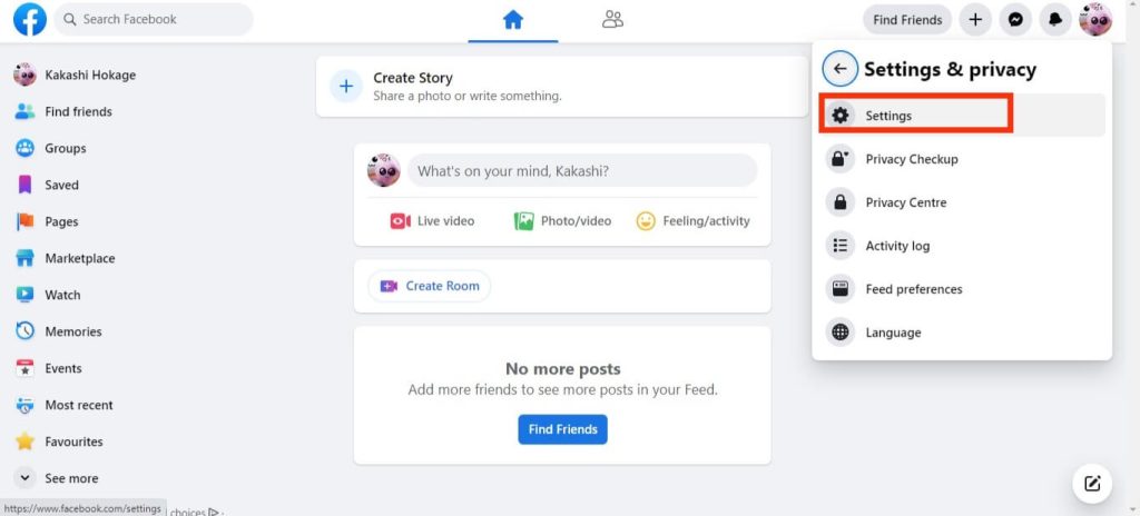 ir a la configuración de FB