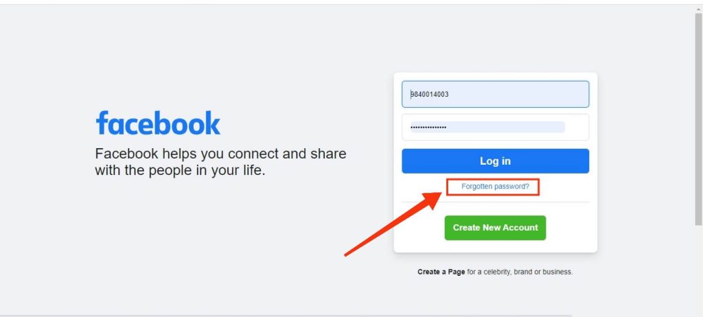 hacer clic "¿Se te olvidó tu contraseña?" Opción en FB