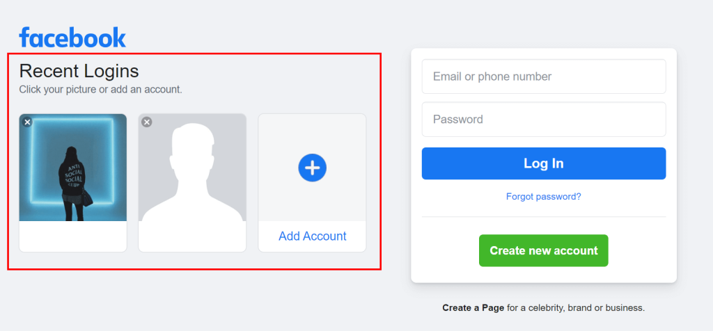 Página de inicio de sesión de Facebook para varias cuentas
