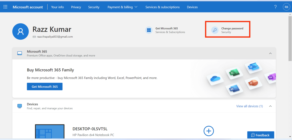 Cambio de contraseña de microsoft 