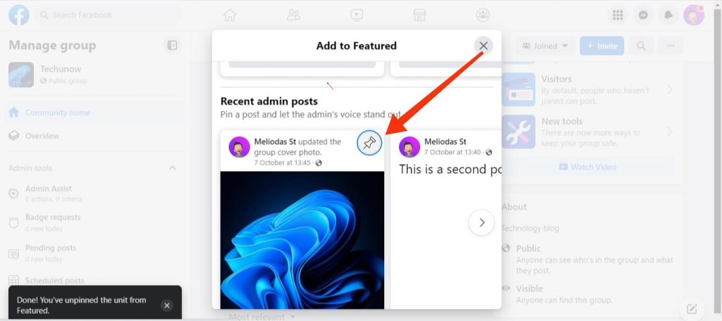 pin publicar administrador en FB Group 