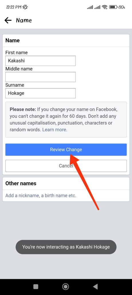 Cambiar revisión de nombre en Facebook