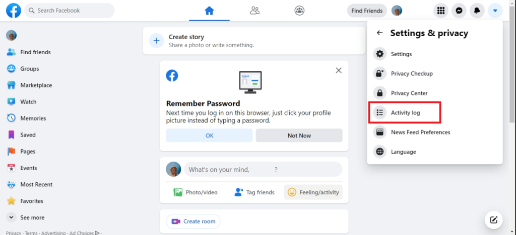 Opción de registro de actividad en Facebook