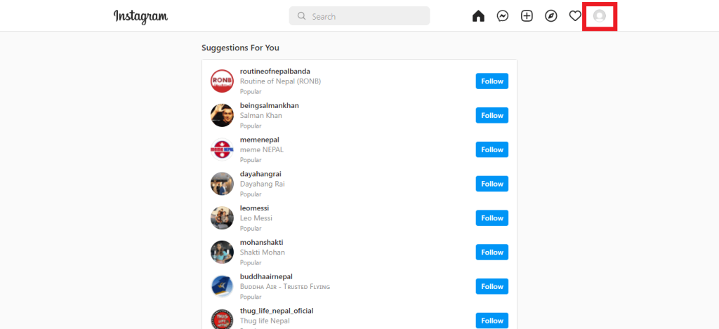 página de inicio de instagram