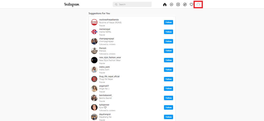 página de inicio de instagram