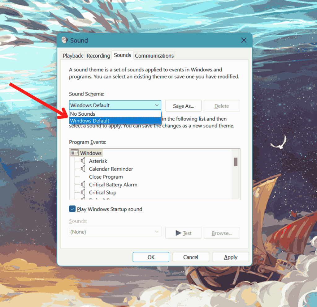 seleccione Predeterminado de Windows en la opción Esquema de sonido en el cuadro Sonido haciendo clic en la flecha que baja.