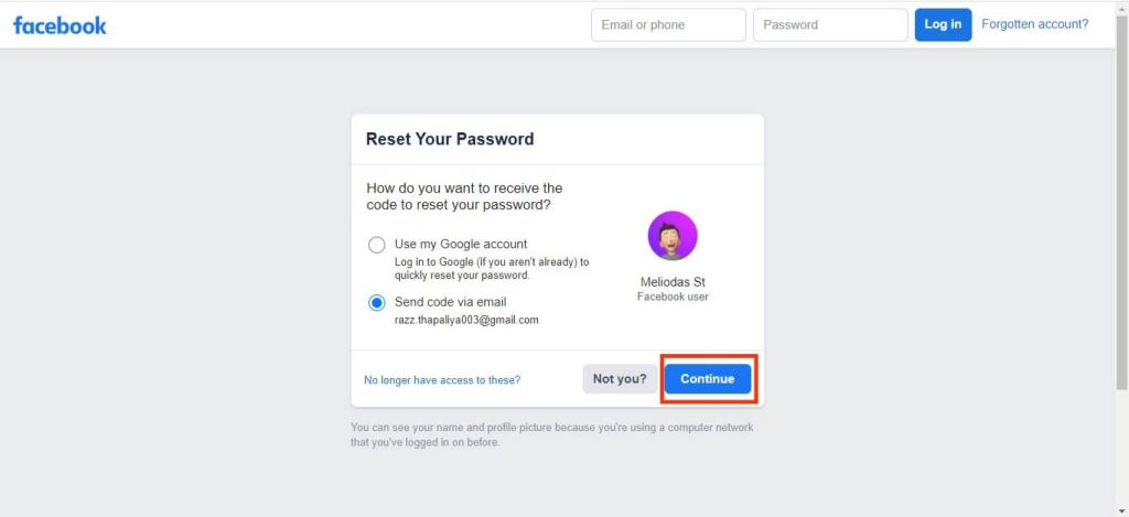 enviar código por correo electrónico desde FB para cambiar la contraseña