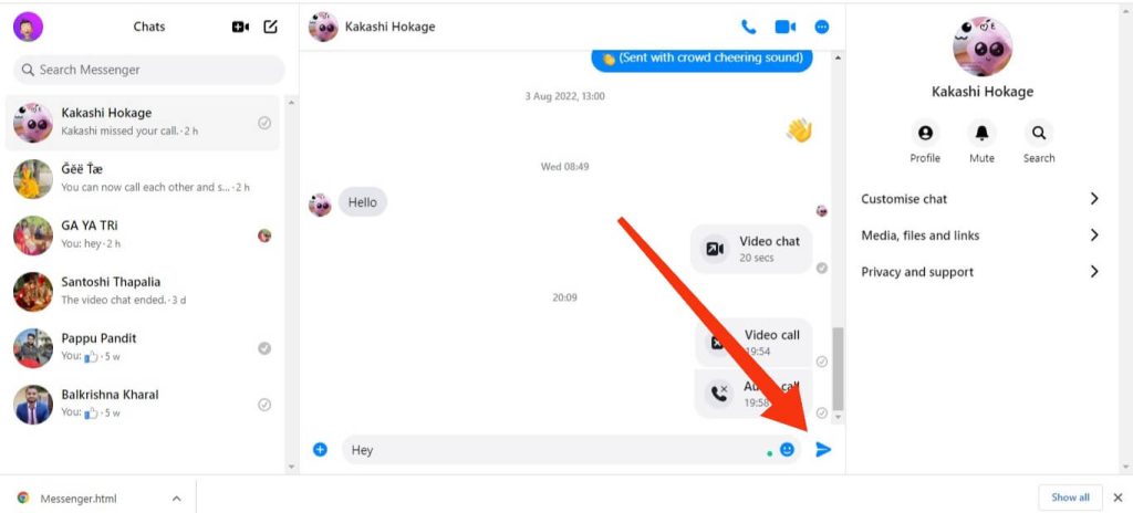 enviar un mensaje de texto en Messenger