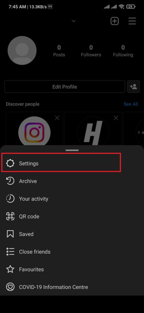 Opción de configuración de Instagram