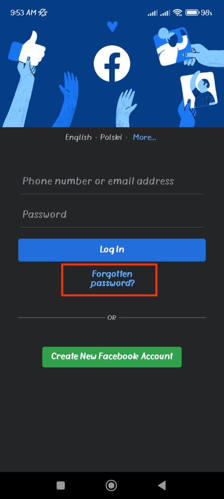 toca contraseña olvidada para restablecerla en FB