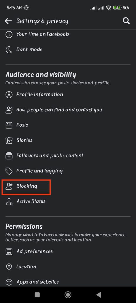 toque la opción de bloqueo en FB