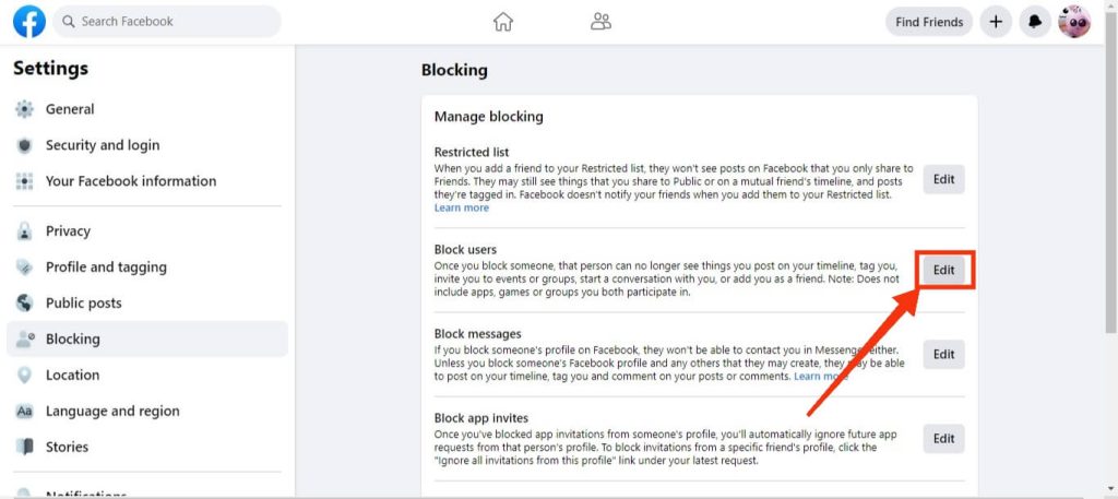 Pegar "editar" junto a bloquear usuarios en FB