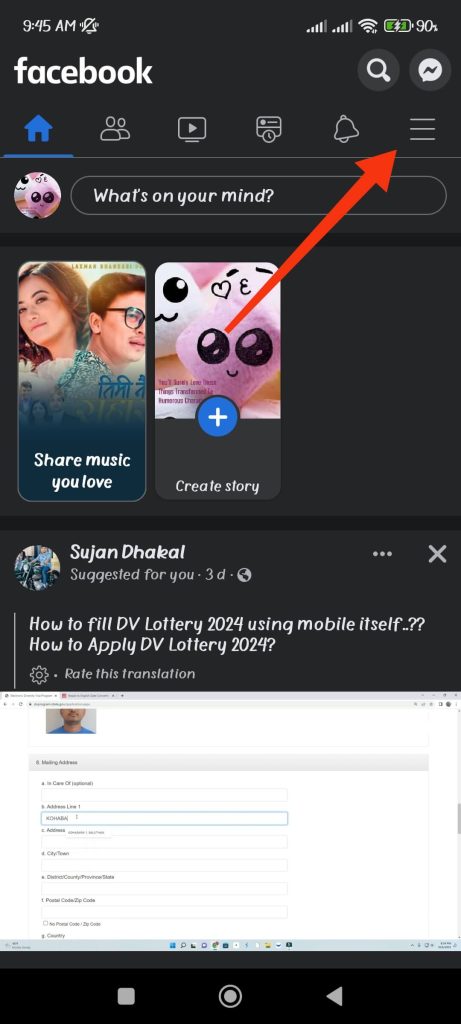 Toque el icono del menú en FB
