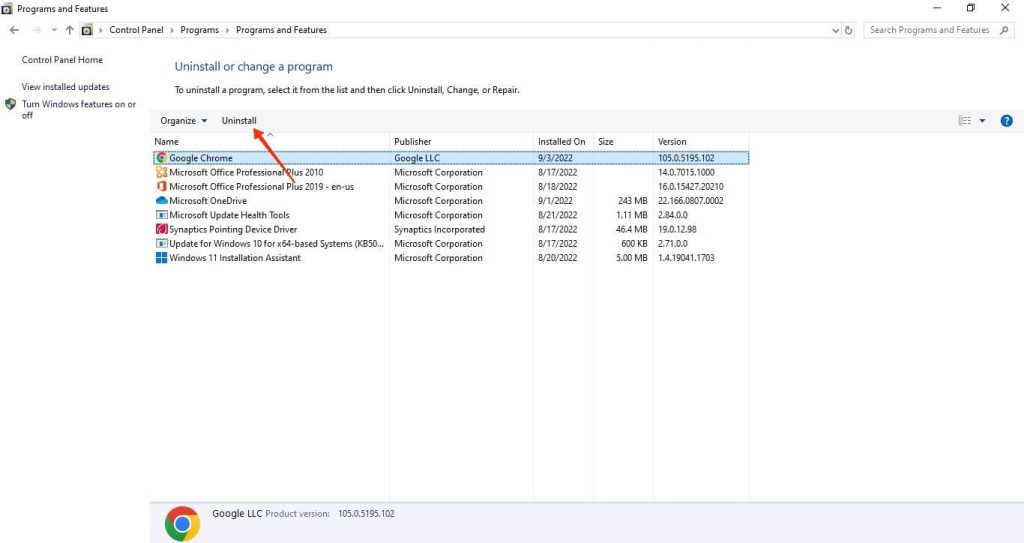 desinstalar usando el panel de control 