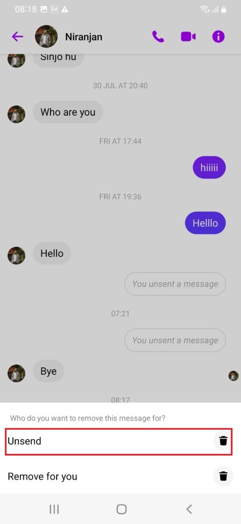 opción no enviada capacidad para eliminar mensajes en Messenger