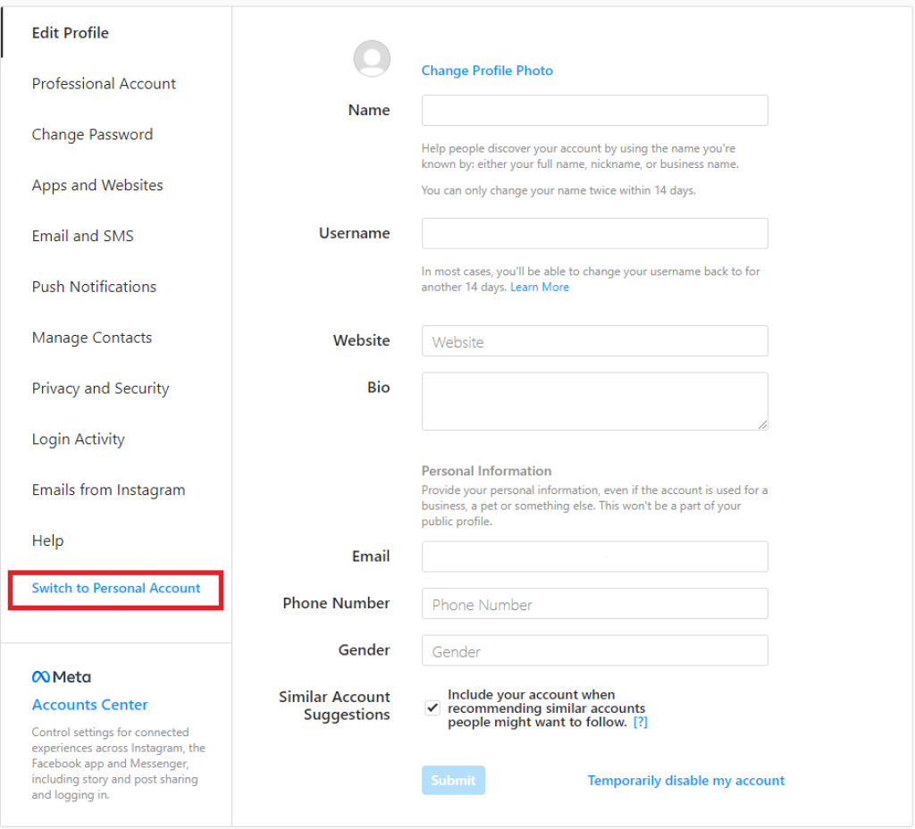 cambiar a una cuenta personal de Instagram usando un navegador web